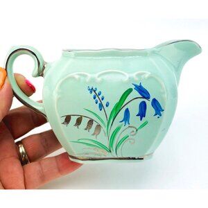 Vintage 50s Sadler, porcelain cube creamer, mint green, lily of the valley